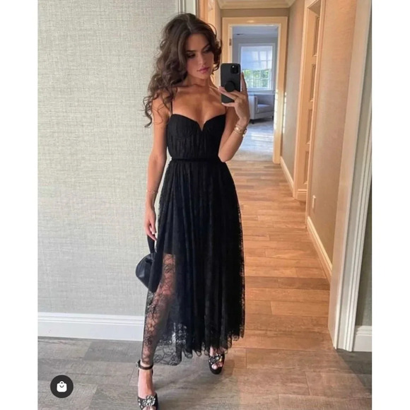 SAU LEE Selena Lace Midi Dress in Black 2 New Womens  cocktail - Picture 1 of 11